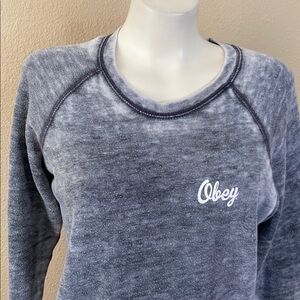 OBEY logo distressed look gray fleece sweatshirt top sweater S